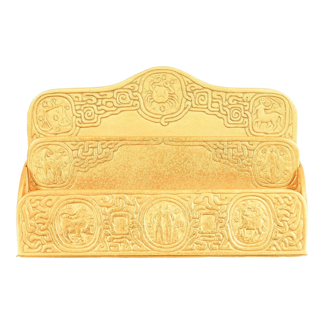 Tiffany Studios New York Zodiac Pattern Bronze Doré Letter Rack: A gorgeous antique Arts & Crafts or Art Deco period gilt bronze "Zodiac" pattern desk letter holder rack By Tiffany Studios (signed to the underside) New York, USA, Early 20th Century Measures: 9.5"W 