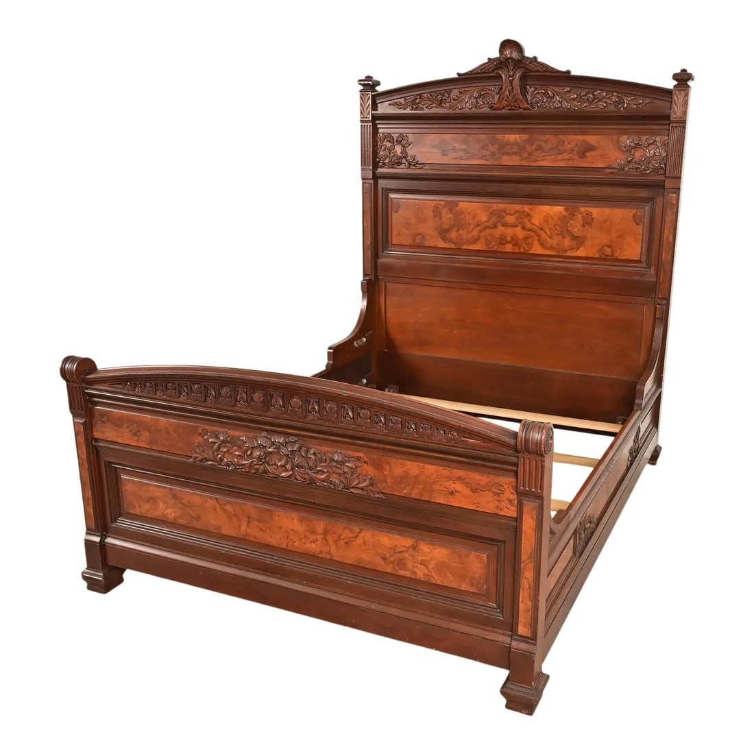 Bernheimer Collection Antique Eastlake Victorian Carved Walnut and Burl Wood Queen Size Bed (1 of 11)