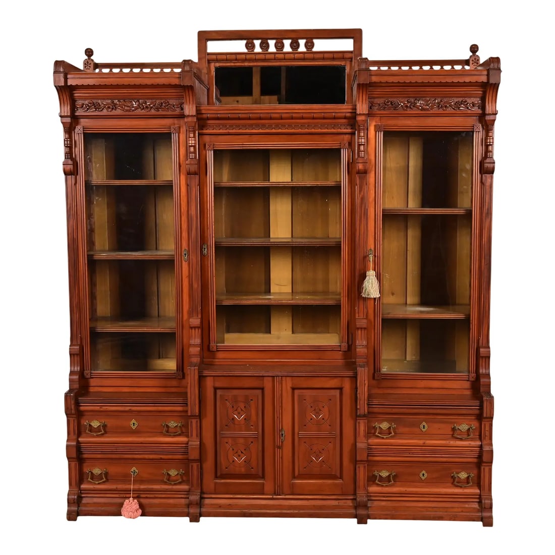 Herter Brothers Style Antique Eastlake Victorian Carved Walnut Triple Bookcase Cabinet, Circa 1880s (1 of 12)