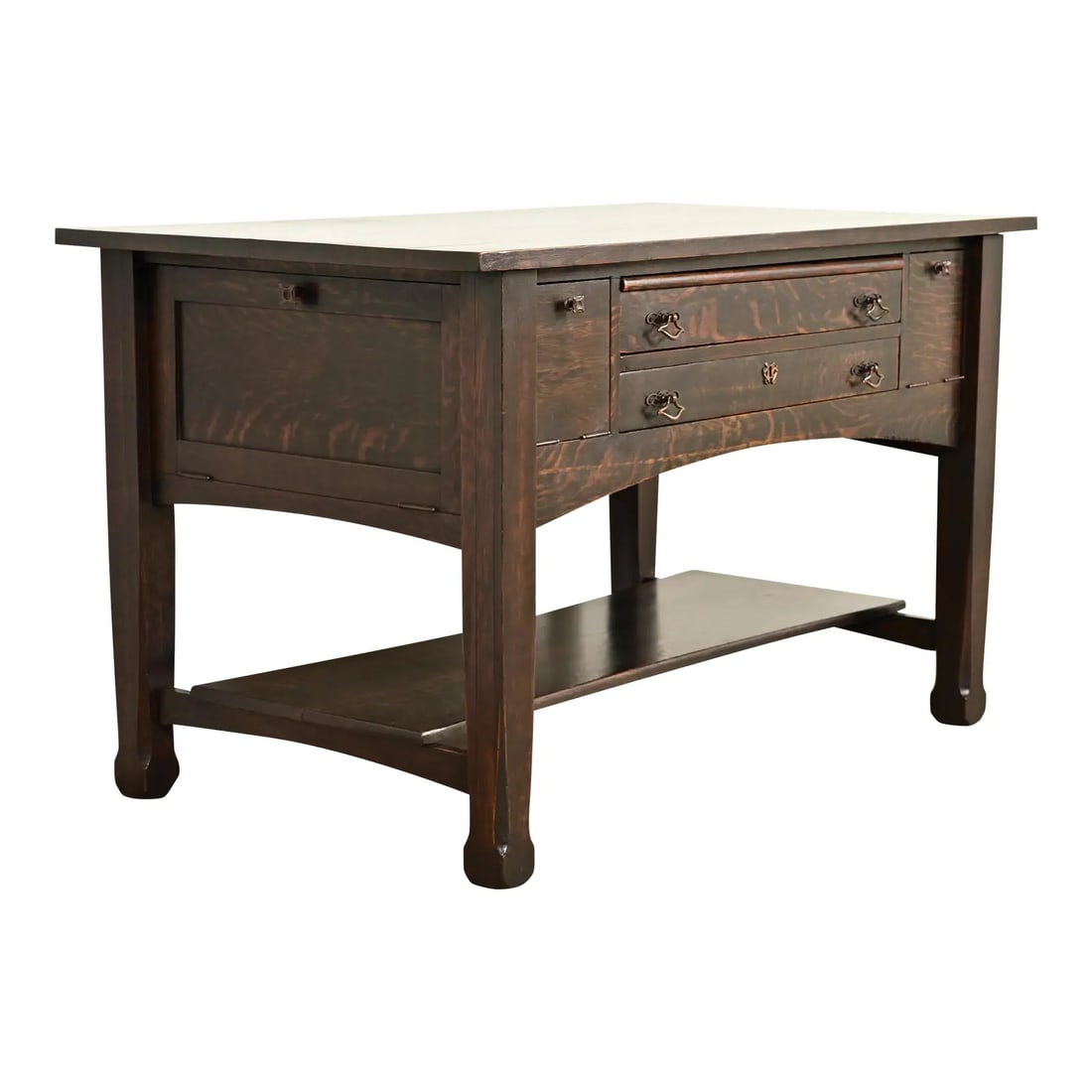 Stickley Brothers Style Antique Mission Oak Arts & Crafts Desk or Library Table, Circa 1910: An exceptional antique Mission or Arts & Crafts period writing desk or library table with unique file drawers In the manner of Stickley Brothers By The King Furniture Co. USA, Circa 1910 Gorgeous quar