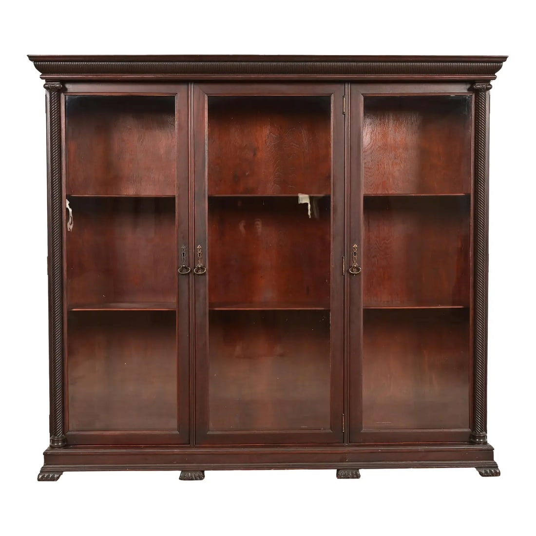 R. J. Horner Style American Empire Carved Mahogany Glass Front Triple Bookcase Cabinet, Circa 1890s (1 of 13)