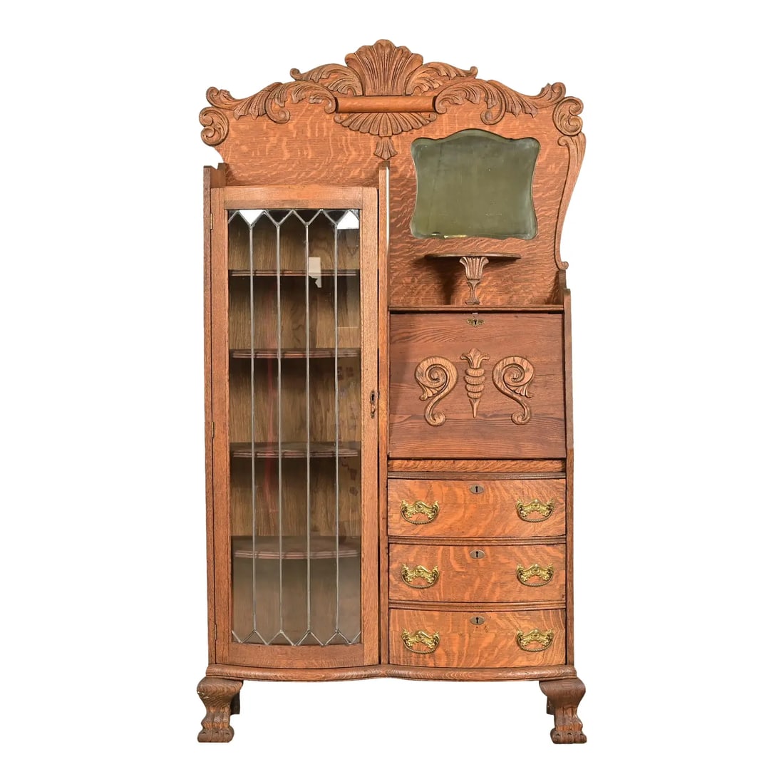 Antique Victorian Carved Tiger Oak Side-by-Side Bookcase With Drop Front Secretary Desk, Circa 1900 (1 of 15)