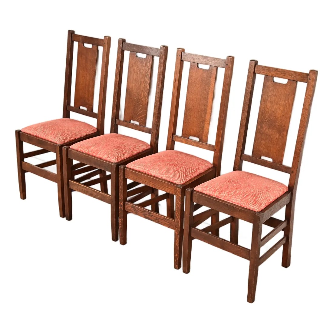 Gustav Stickley Antique Mission Oak Arts & Crafts H-Back Dining Chairs, Set of Four: A rare set of four Mission or Arts & Crafts period H-back dining chairs By Gustav Stickley USA, Circa 1912 Gorgeous quarter sawn oak frames, with upholstered seats. Measures: 16.5"W x 18.75"D x 40.25"