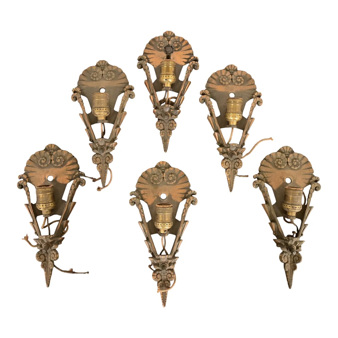 1930s Mid-West Art Deco Bronze Soleure Wall Sconces, Set of Six: A gorgeous set of six Art Deco period bronze wall sconces In the manner of Tiffany Studios By Mid-West Manufacturing Co. USA, 1930s Measures: 5.25"W x 2"D x 11"H. Good original vintage condition, with