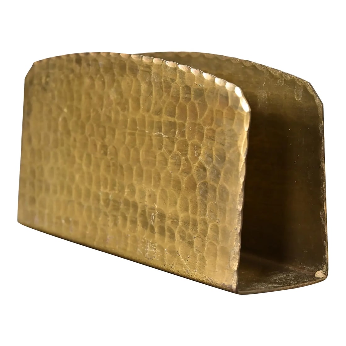 Roycroft Arts & Crafts Brass Finished Hammered Copper Letter Rack: A gorgeous Arts & Crafts period brass finished hand hammered copper letter rack By Roycroft (signed with impressed orb and cross mark) USA, Circa 1920s Measures: 5.5"W x 1.5"D x 2.75"H. Good original 