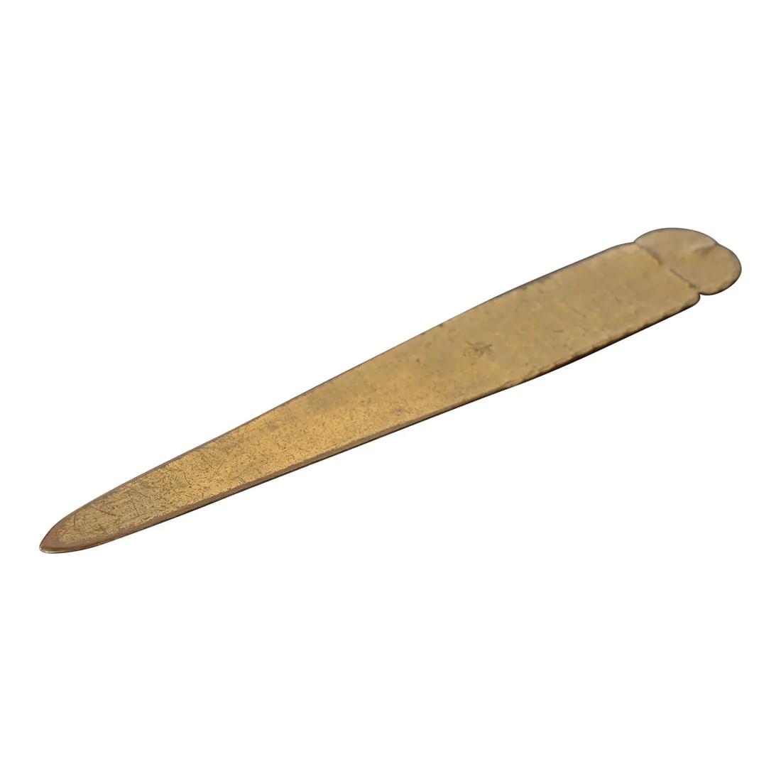 Roycroft Arts & Crafts Brass Finished Hammered Copper Letter Opener, Circa 1920s: A gorgeous Arts & Crafts period brass finished hand hammered copper letter opener By Roycroft (signed with impressed orb and cross mark) USA, Circa 1920s Measures: 7.75"W x 1.25"D x 0.25"H. Good origi