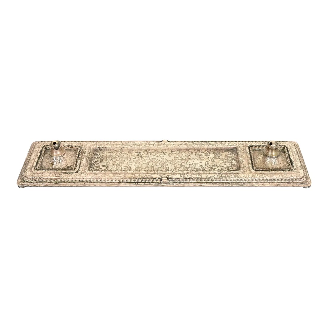 Roycroft Arts & Crafts Silver Finished Hammered Copper Desk Tray With Double Pen Holder: A gorgeous Arts & Crafts period acid silver finished hand hammered copper desk tray with double pen holder By Roycroft (signed with impressed orb and cross mark) USA, Early 20th Century Measures: 15.2