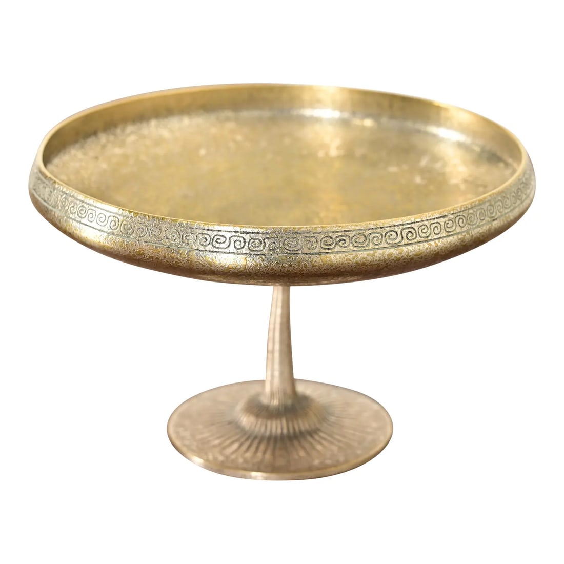 Tiffany Studios New York Bronze Doré Pedestal Bowl or Compote Dish With Greek Key Design: A gorgeous Arts & Crafts or Art Deco period gilt bronze pedestal bowl or compote dish with Greek Key design By Tiffany Studios (signed to the underside) New York, USA, Early 20th Century Measures: 6.5