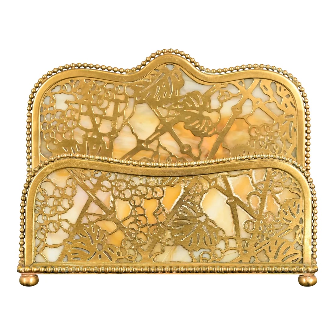 Tiffany Studios New York Grapevine Pattern Bronze Doré and Favrile Slag Glass Letter Rack: A gorgeous antique Arts & Crafts or Art Deco period gilt bronze and Favrile slag glass "Grapevine" pattern desk letter holder rack By Tiffany Studios (signed to the underside) New York, USA, Early 20t