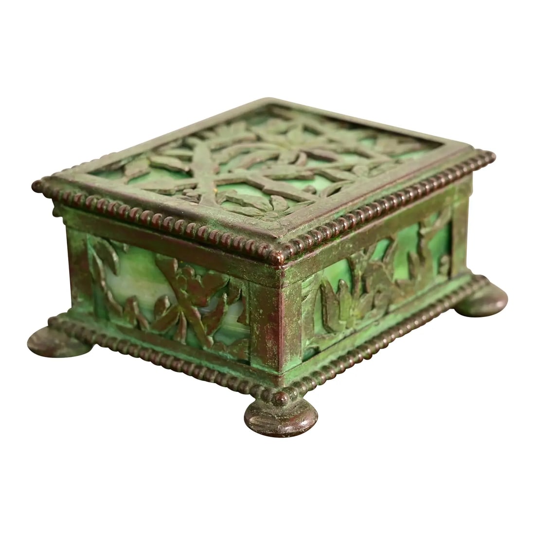 Apollo Studios New York Arts & Crafts Grapevine Pattern Bronze and Slag Glass Stamp Box (1 of 12)