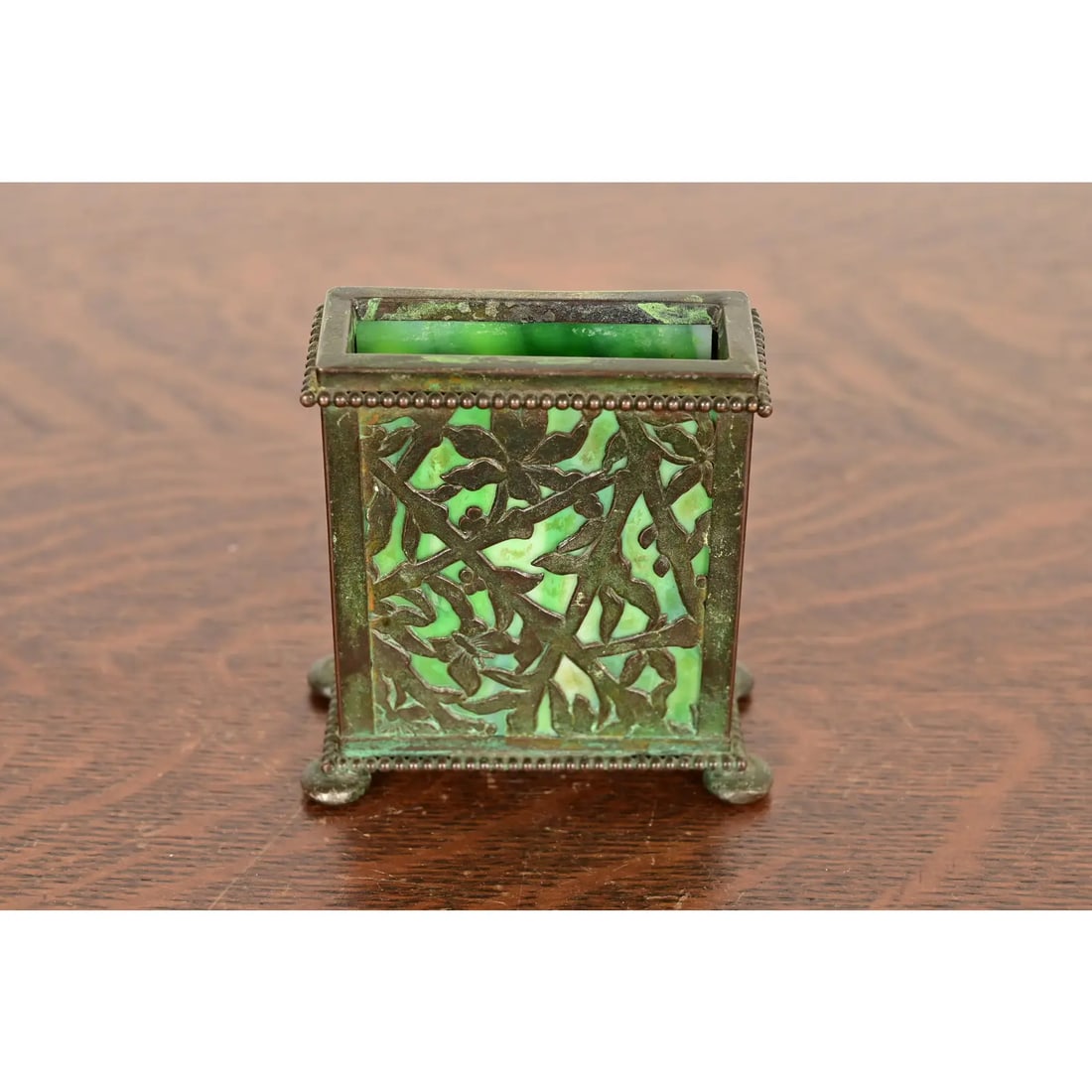 Apollo Studios New York Arts & Crafts Grapevine Pattern Bronze and Slag Glass Card Holder - 2
