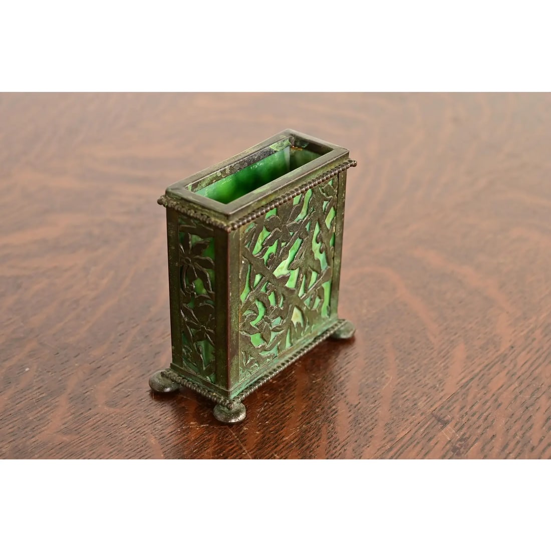 Apollo Studios New York Arts & Crafts Grapevine Pattern Bronze and Slag Glass Card Holder - 4