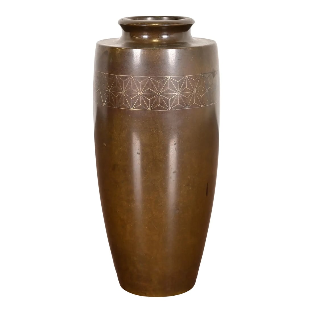 Japanese Meiji Period Antique Arts & Crafts Sterling Silver on Bronze Vase: A beautiful Japanese Meiji period Arts & Crafts sterling silver on bronze vase In the manner of Heintz Art Metal Shop Japan, Circa 1900 Measures: 2.5"W x 2.5"D x 6"H. Good original vintage condition, 