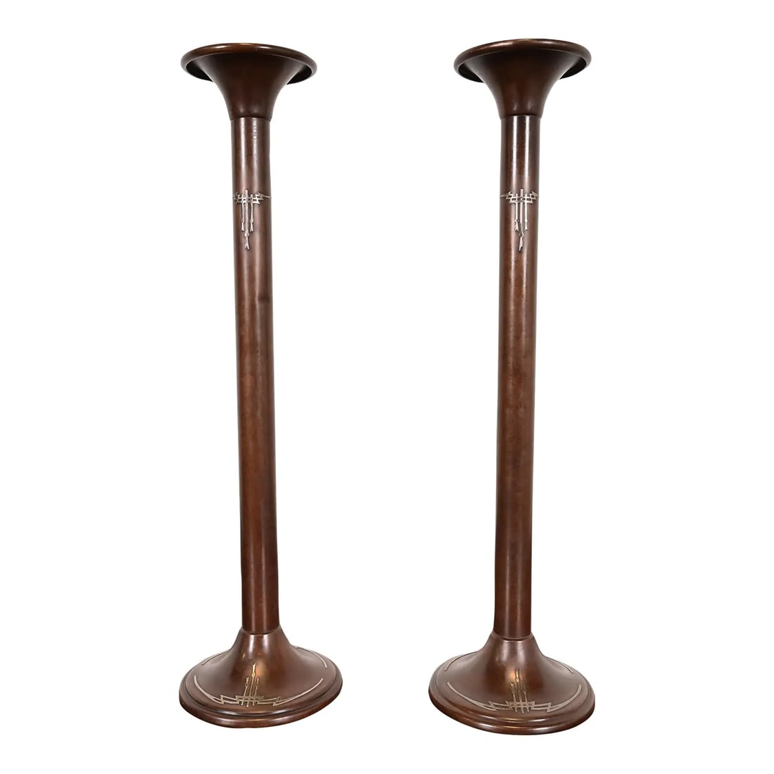 Silver Crest Arts & Crafts Sterling Silver on Bronze Tall Candlesticks, Pair (1 of 13)
