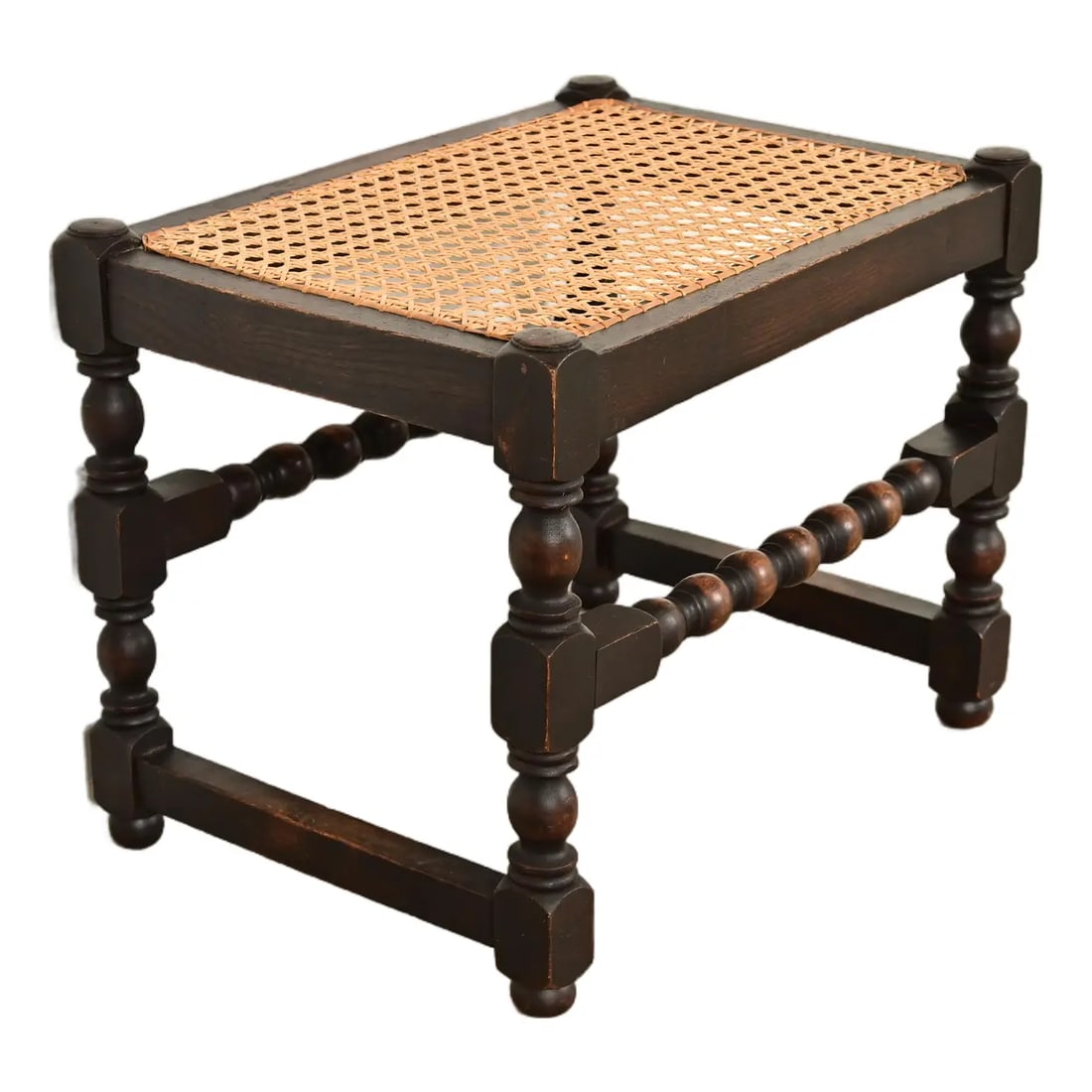 Berkey & Gay Style Antique English Jacobean Carved Walnut and Cane Stool or Ottoman, Circa 1920s (1 of 8)