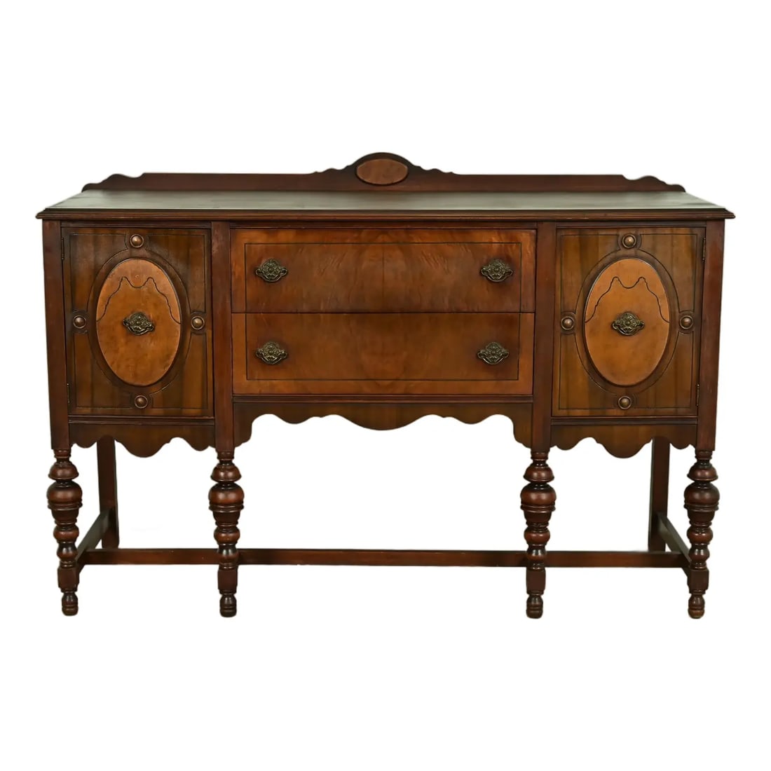 Berkey & Gay Style Antique English Jacobean Carved Walnut and Burl Wood Sideboard, Circa 1920s (1 of 13)