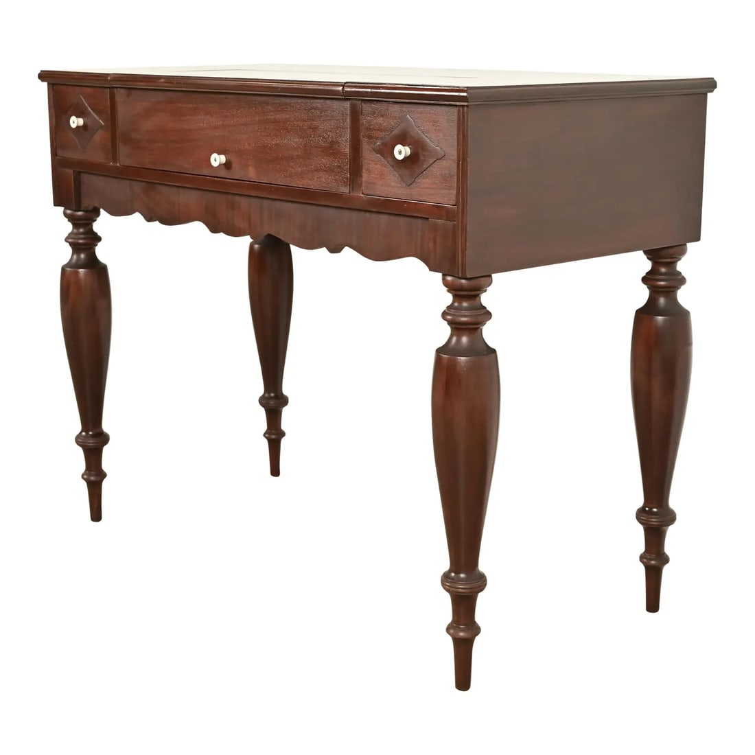 Grand Rapids Chair Co. Antique Victorian Carved Mahogany Spinet Desk, Circa 1900: A gorgeous antique Victorian spinet desk By Grand Rapids Chair Co. USA, Circa 1900 Carved mahogany, with burl wood panels on drawers, and porcelain hardware. Measures: 40.25"W x 19.25"D x 31.75"H. Des