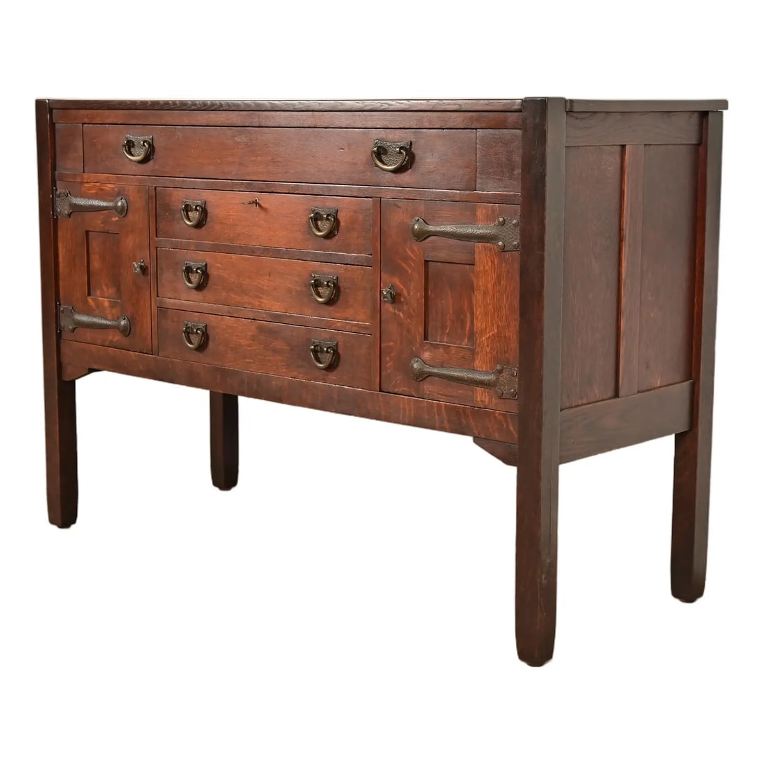 Stickley Brothers Antique Mission Oak Arts & Crafts Strap Hinge Sideboard, Circa 1910: An exceptional antique Mission or Arts & Crafts period strap hinge sideboard, buffet server, or bar cabinet By Stickley Brothers USA, Circa 1910 Quarter sawn oak, with original hammered copper hardwar