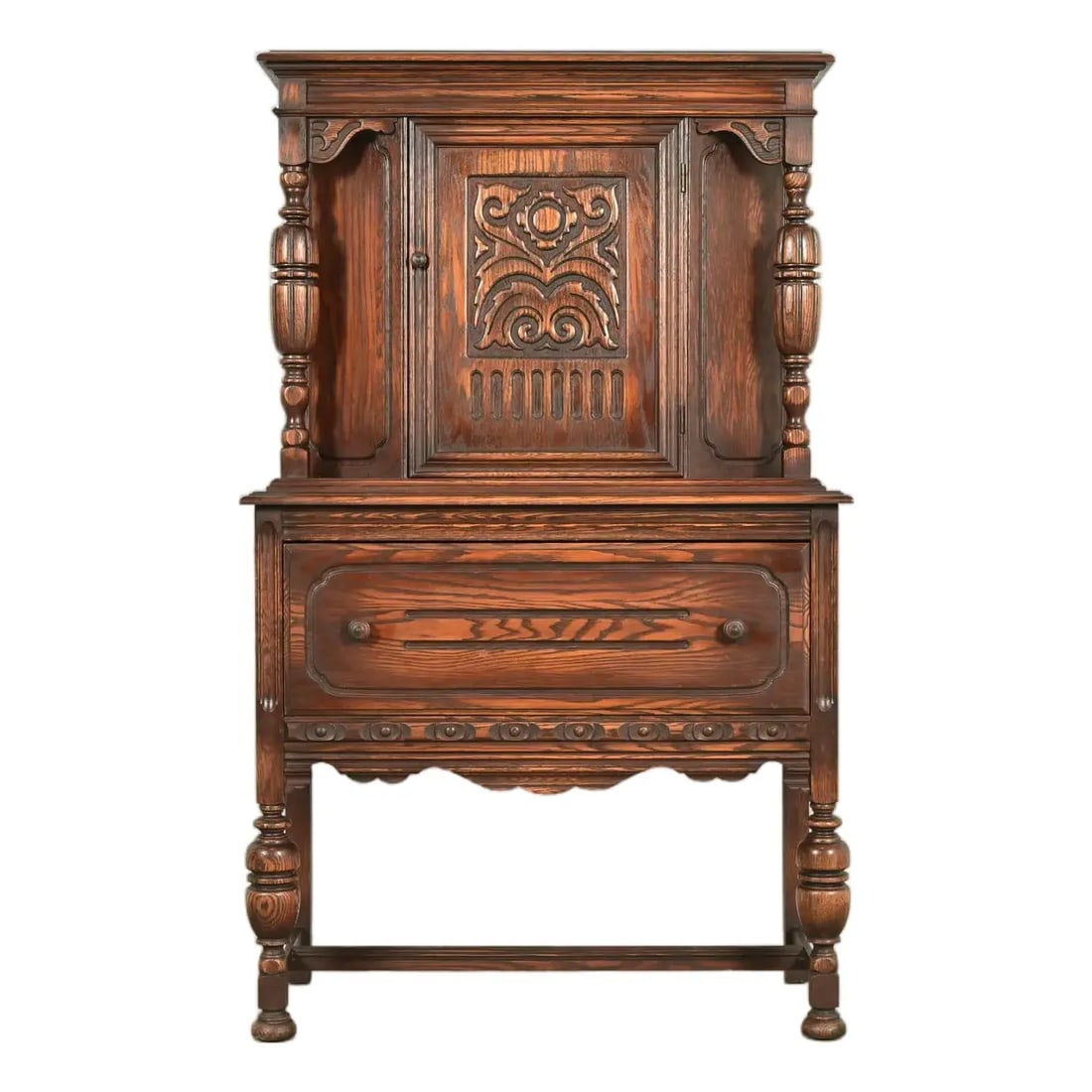 Berkey & Gay Style Antique English Jacobean Carved Oak Bar Cabinet, Circa 1920s (1 of 16)