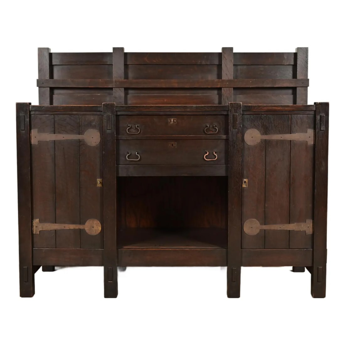Imperial Furniture Grand Rapids Mission Oak Arts & Crafts Strap Hinge Eight-Leg Sideboard: An exceptional antique Mission or Arts & Crafts period strap hinge eight-leg sideboard, buffet server, or bar cabinet In the manner of Gustav Stickley By Imperial Furniture Co. USA, Circa 1900 Gorgeou