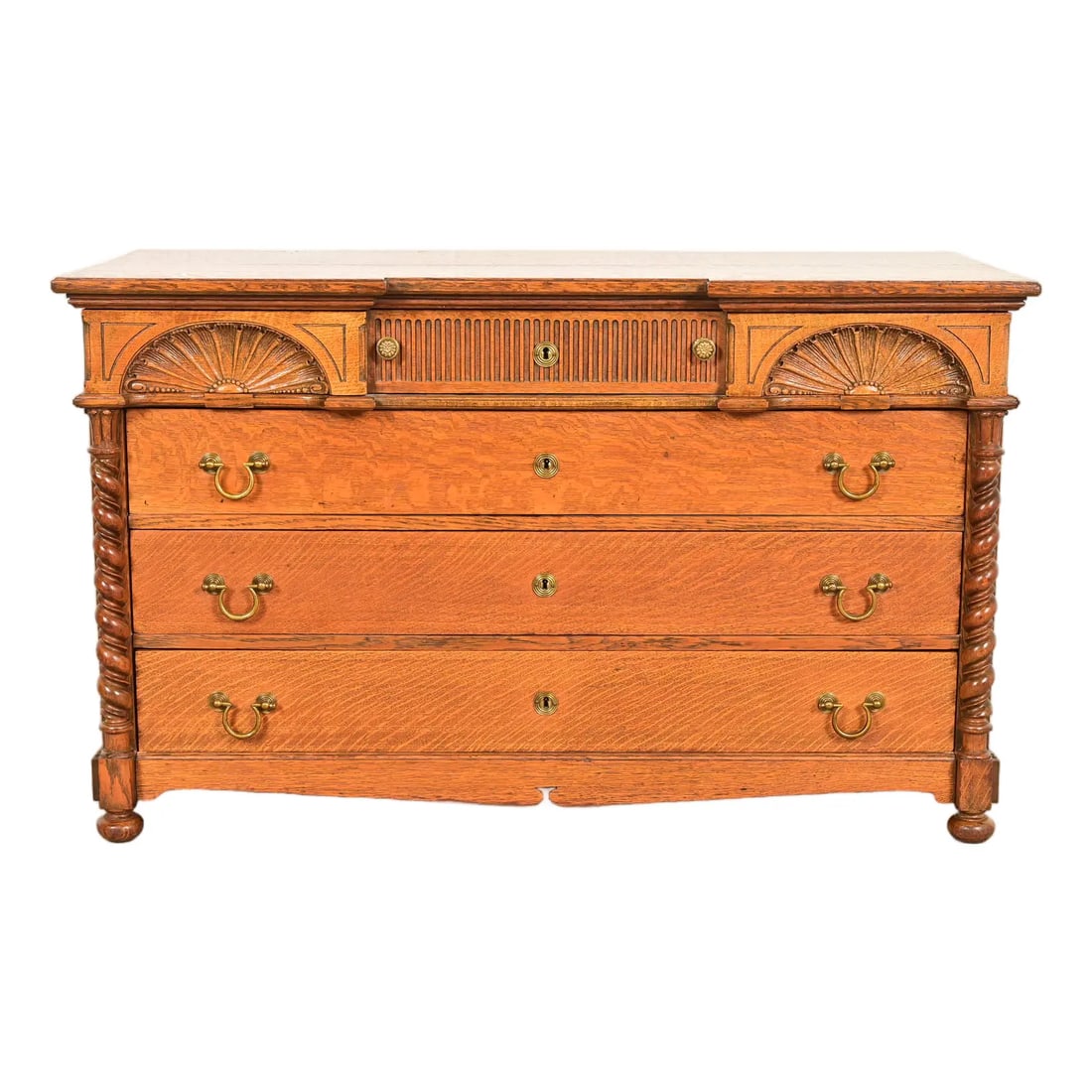 Herter Brothers Style Antique Victorian Carved Oak Dresser or Chest of Drawers, Circa 1890s: A gorgeous antique Victorian dresser or chest of drawers In the manner of Herter Brothers USA, Circa 1890s Ornately carved oak, with original brass hardware. Measures: 48"W x 22"D x 29"H. Good vintage
