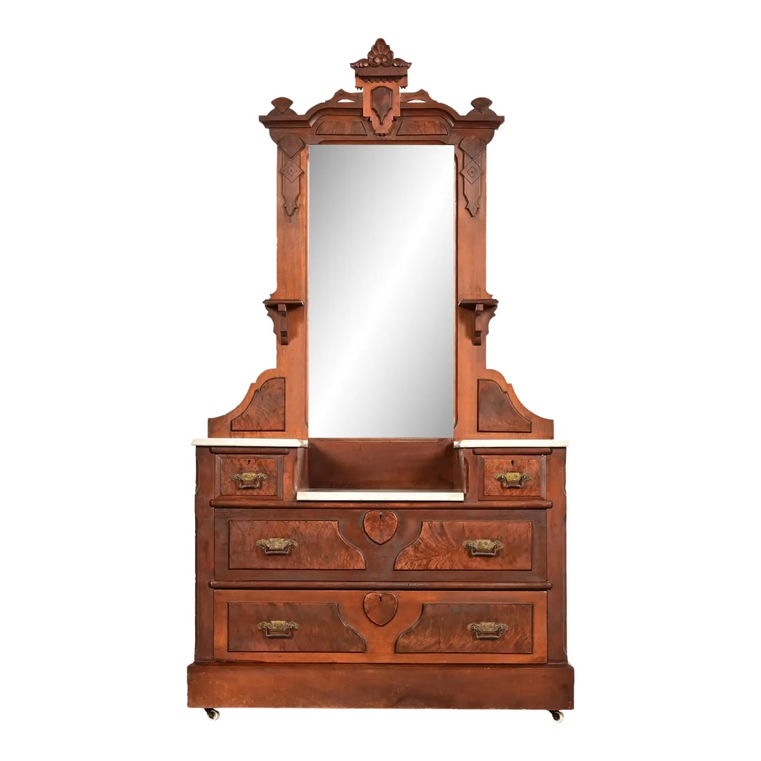 Herter Brothers Style Antique Eastlake Victorian Carved Burled Walnut Marble Top Vanity Dresser (1 of 18)