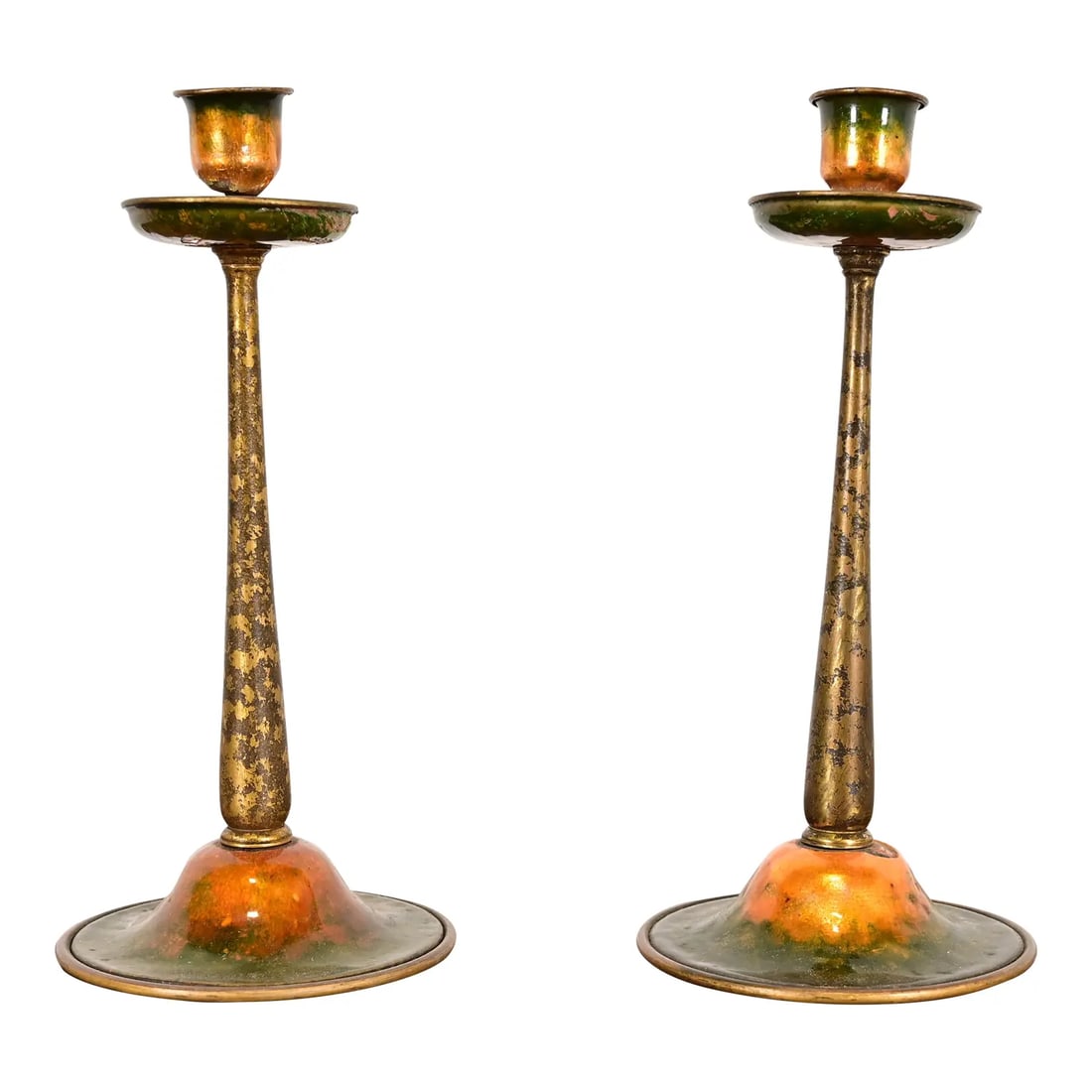 Louis Comfort Tiffany Furnaces Favrile Bronze and Enamel Candlesticks, Pair (1 of 12)