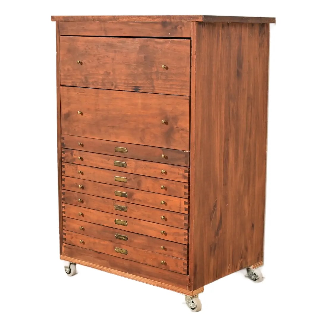 Antique Arts & Crafts Walnut 10-Drawer Flat File Cabinet, Circa 1900: A rare antique Arts & Crafts 10-drawer architect's blueprint flat file cabinet or collector's cabinet In the manner of Globe Wernicke USA, Circa 1900 Walnut, with beautiful exposed dovetail joinery, a