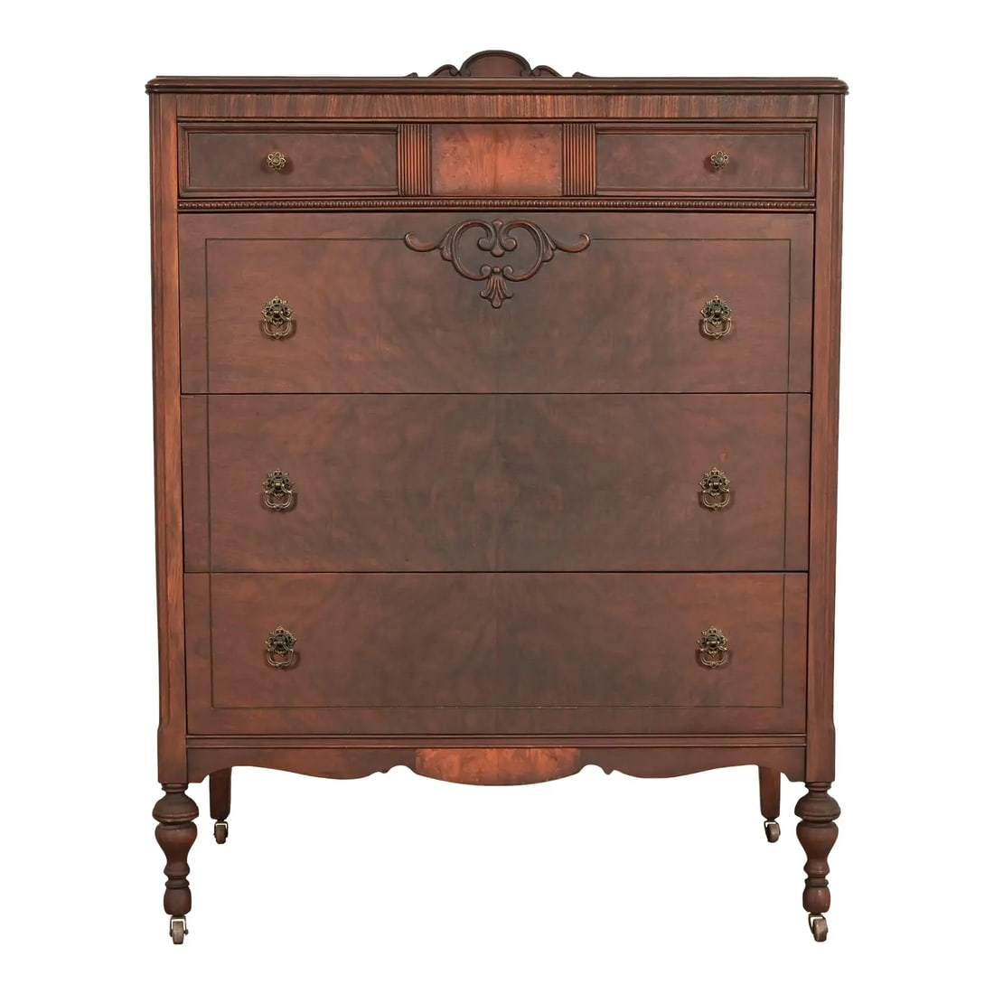 Berkey & Gay Style French Regency Louis XVI Carved Burled Walnut Highboy Dresser, Circa 1920s: A gorgeous antique French Regency Louis XVI style highboy dresser or chest of drawers In the manner of Berkey & Gay USA, Circa 1920s Carved walnut case, with beautiful book-matched burled walnut front
