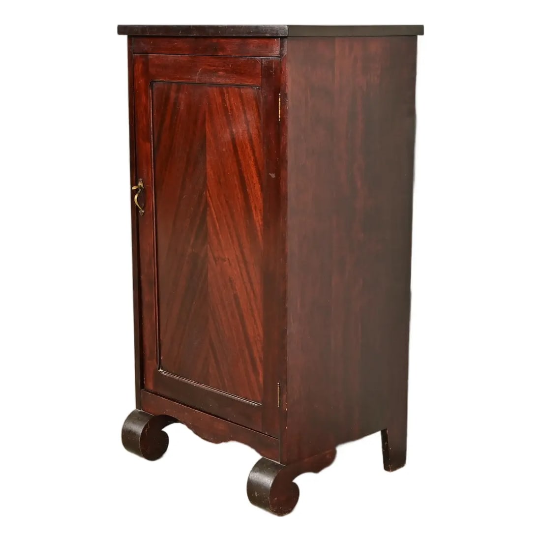 Antique American Empire Carved Mahogany Music Cabinet, Circa 1890s: A beautiful antique American Empire or Victorian style music cabinet or bar cabinet USA, Circa 1890s Carved mahogany, with original brass hardware. Measures: 21"W x 17.25"D x 39.25"H. Good original vi