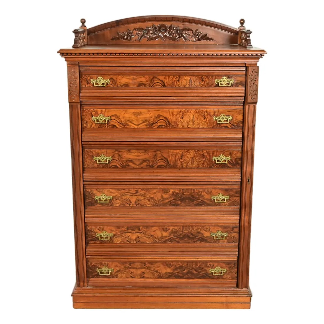 Herter Brothers Style Antique Eastlake Victorian Carved Walnut and Burl Wood Highboy Dresser (1 of 17)