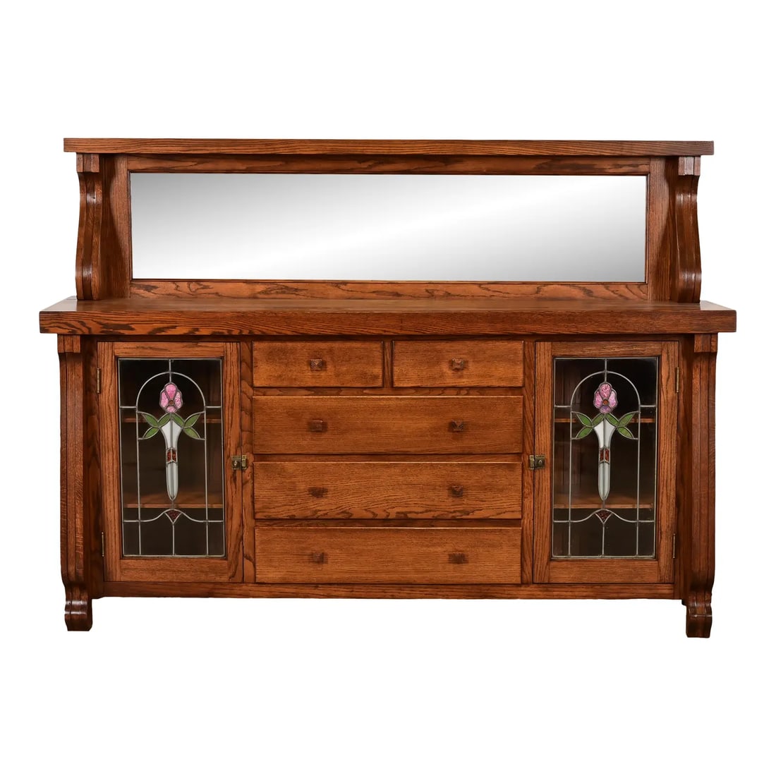 Antique Arts & Crafts Carved Oak Sideboard or Bar Cabinet With Stained Glass Doors, Newly Refinished (1 of 15)