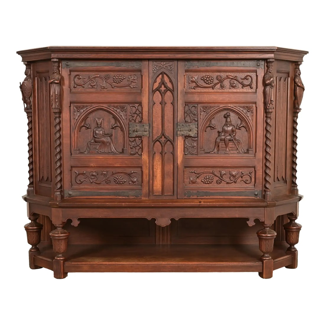Antique French Gothic Revival Oak Bar Cabinet With Carved Figures, Circa 1890s (1 of 14)