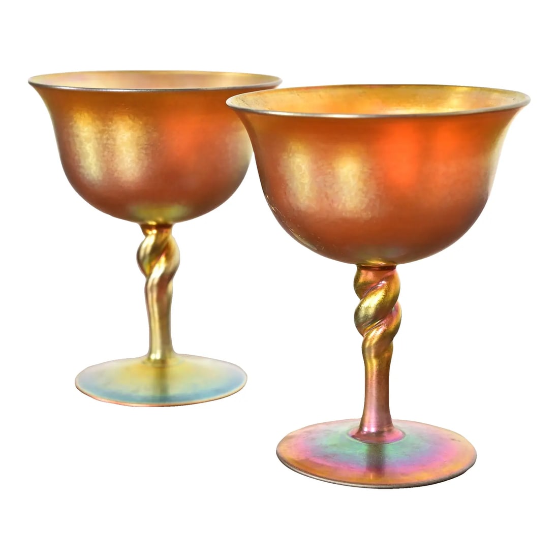 Early 20th Century Steuben Aurene Iridescent Art Glass Goblets - a Pair: A gorgeous pair of Arts & Crafts or Art Nouveau period Aurene iridescent art glass goblets By Steuben Glass USA, Early 20th Century Measures: 3.75"W x 3.75"D x 4.75"H. Good original vintage condition.