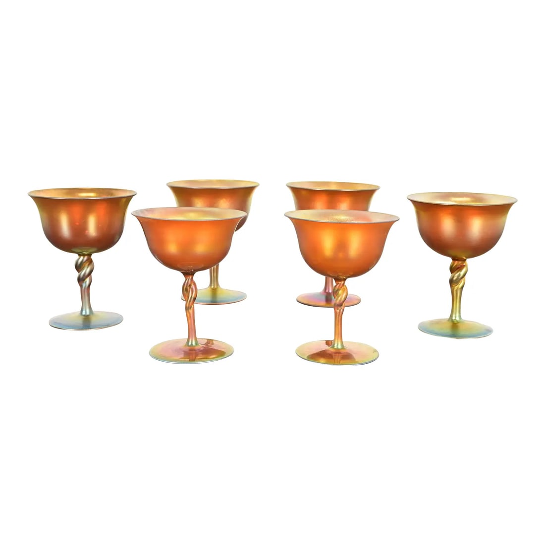 Early 20th Century Steuben Aurene Iridescent Art Glass Goblets - Set of Six: A gorgeous set of six Arts & Crafts or Art Nouveau period Aurene iridescent art glass goblets By Steuben Glass USA, Early 20th Century Each measures: Large - 3.75"W x 3.75"D x 4.75"H. Small - 3.5"W x 