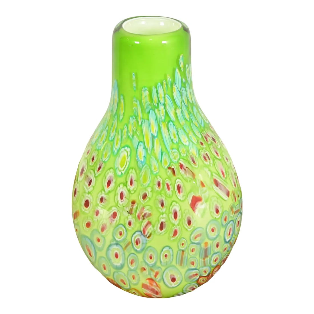 Ann Primrose Cristalleria d'Arte Italian Millefiori Murano Glass Vase: A gorgeous Italian Murano glass vase featuring a distinctive Millefiori pattern with lime green and red swirls By Ann Primrose Italy, Circa 1980s Measures: 7.5"W x 3.25"D x 12.75"H. Very good original