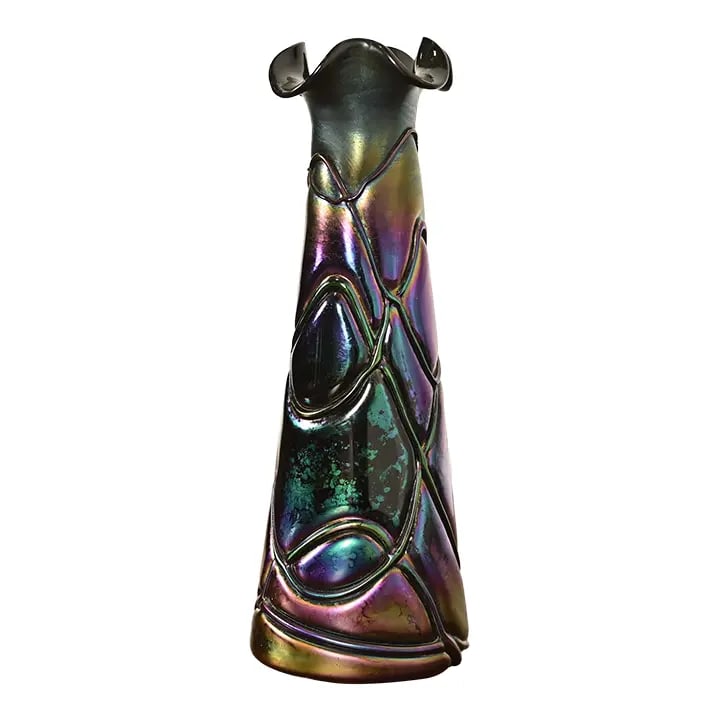Pallme-Konig & Habel Antique Austrian Threaded Iridescent Art Glass Vase, Circa 1900: A gorgeous Art Nouveau period iridescent art glass vase By Pallme-Konig & Habel Austria, Early 20th Century Measures: 3.25"W x 3.25"D x 9"H. Good original vintage condition. See less