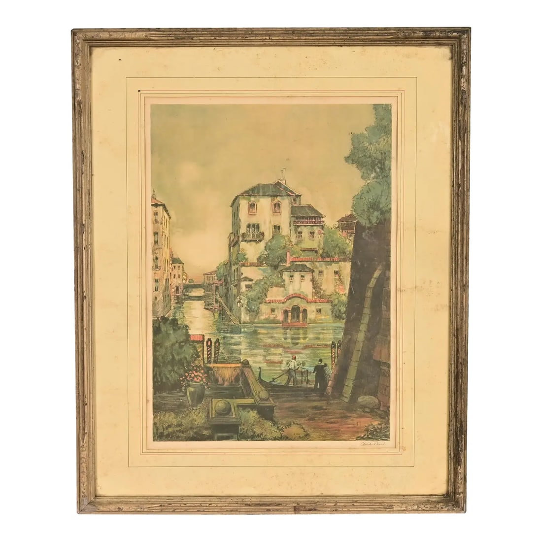 Antique Venice Italy Signed Lithograph by Claude Duval, Circa 1900: A beautiful vintage framed lithograph of Venice, Italy By Claude Duval (signed lower right) Italy, Circa 1900 Measures: 17.25"W x 0.75"D x 21.25"H (including frame). Lithograph is 11" x 15.25". Good o
