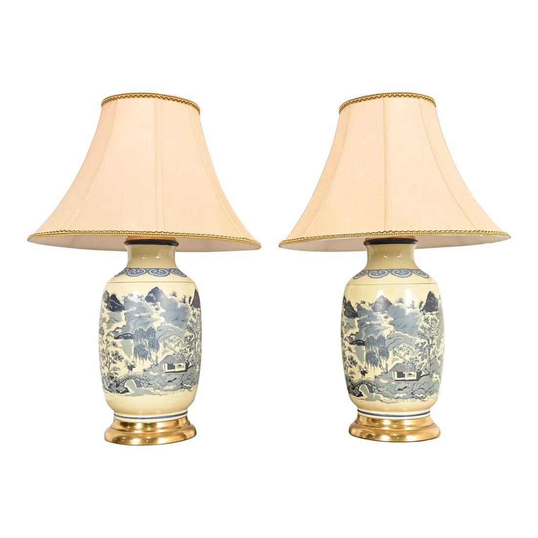 1970s Chinese Blue and White Porcelain Ginger Jar Table Lamps by Westwood - a Pair: A gorgeous pair of vintage Chinoiserie ginger jar table lamps By Westwood Lamps USA, Circa 1970s Porcelain bases, with painted traditional Chinese buildings and willow trees, inspired by the Ming dyna
