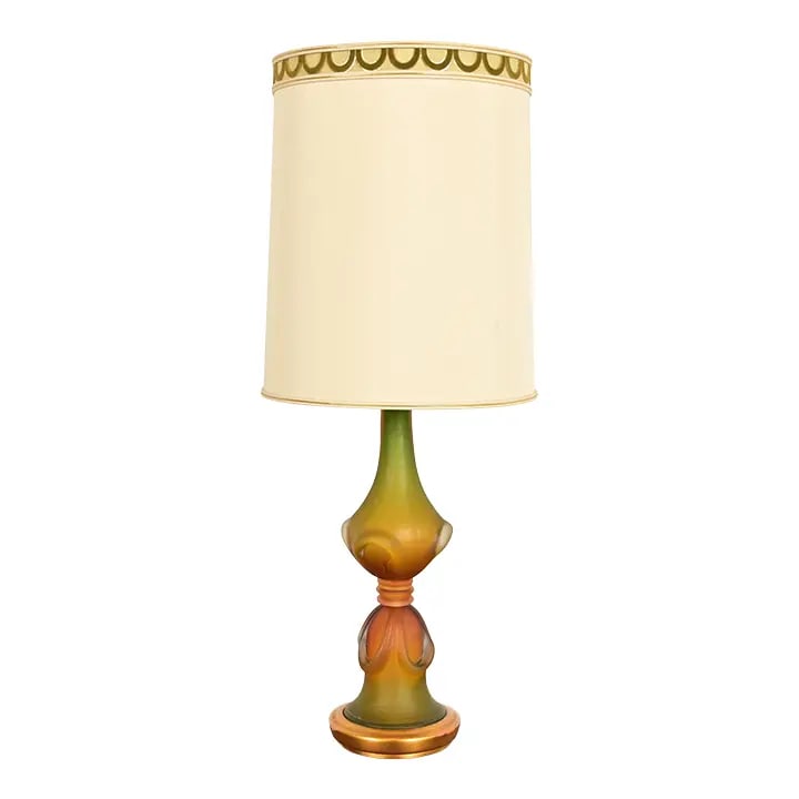 1950s Marbro Mid-Century Modern Seguso Murano Glass Italian Lamp: An outstanding Mid-Century Modern Seguso Murano glass table lamp with original shade with green cut velvet accents at top By Marbro Lamp Co. Italy, Circa 1950s Measures: 16.5"W x 16.5"D x 40.75"H. Lam