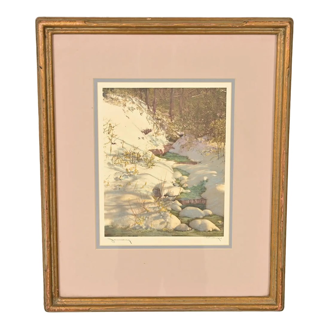 J. Hohenberger Original Artist Signed "January" Lithograph in Carved Giltwood Frame: A beautiful lithograph entitled "January" in carved giltwood frame By J. Hohenberger Germany, Circa Mid-20th Century Measures: 16.25"W x 1.25"D x 19.75"H (including frame). Lithograph is 8"W x 9.75"H.