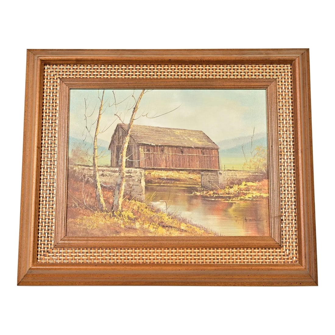 Original Artist Signed Oil Painting on Canvas Rural Landscape of "Covered Bridge" in Carved Walnut (1 of 14)
