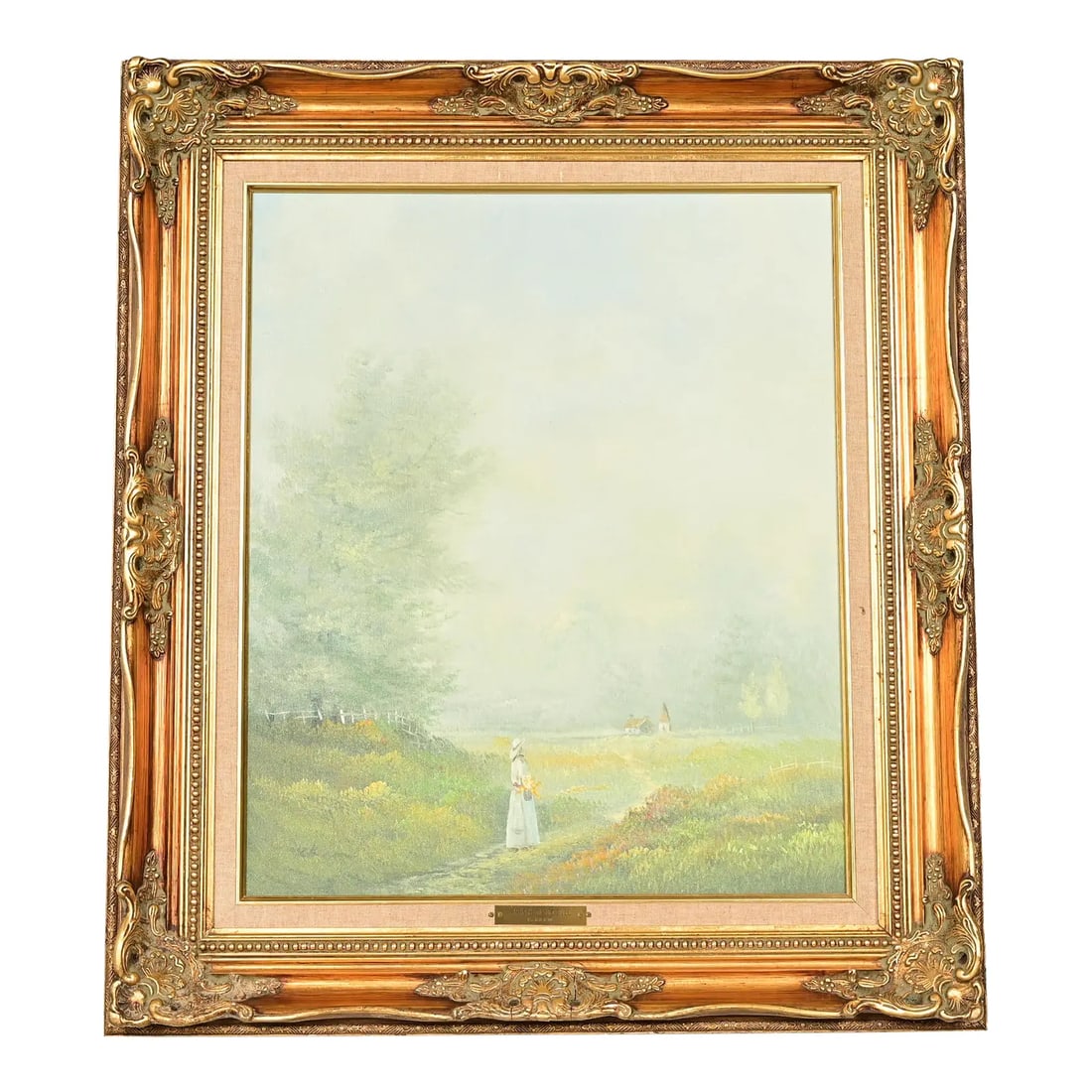 Original Artist Signed K. Kirum "Church in the Dale" Oil Painting in Carved Giltwood Frame: A beautiful original oil painting on canvas entitled "Church in the Dale" in carved giltwood frame Signed by artist: K. Kirum USA, Circa Mid-20th Century Measures: 28.5"W x 2.75"D x 32.5"H (in frame).