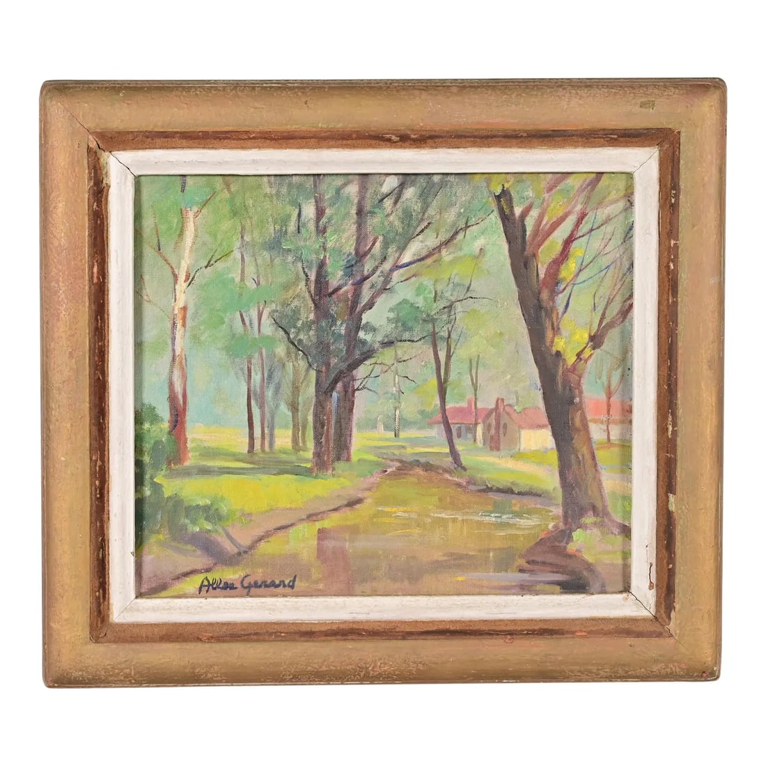 Original Artist Signed Allee Gerard "Cherry Creek" Oil on Board Painting in Carved Giltwood Frame (1 of 12)