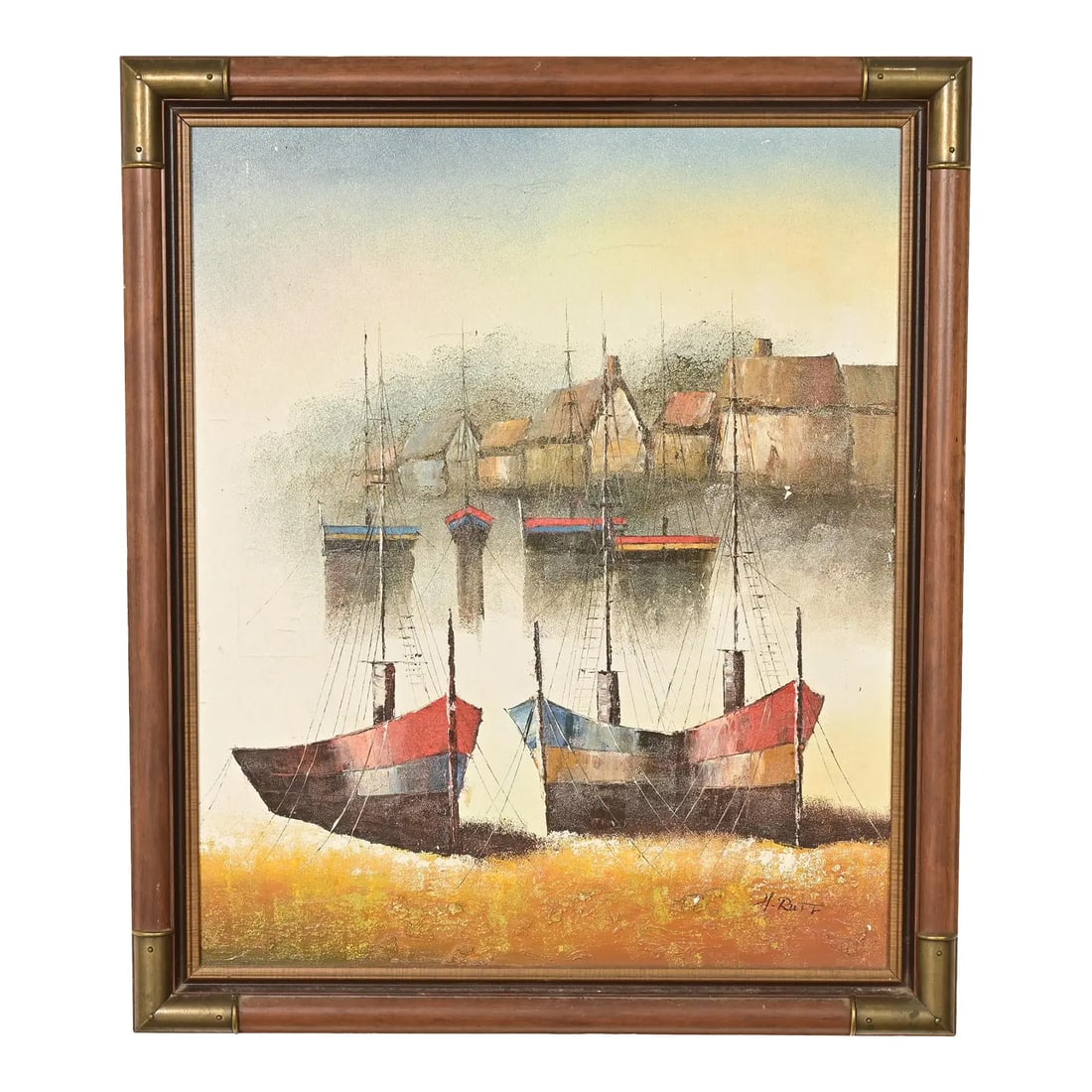 Original Artist Signed ‘Seaside Harbor’ Acrylic Painting in Carved Walnut and Brass Frame: A beautiful original acrylic painting on canvas of a seaside harbor in carved Campaign style walnut and brass frame Signed by artist: H. Ruff USA, Circa Mid-20th Century Measures: 23.5"W x 2"D x 27.75