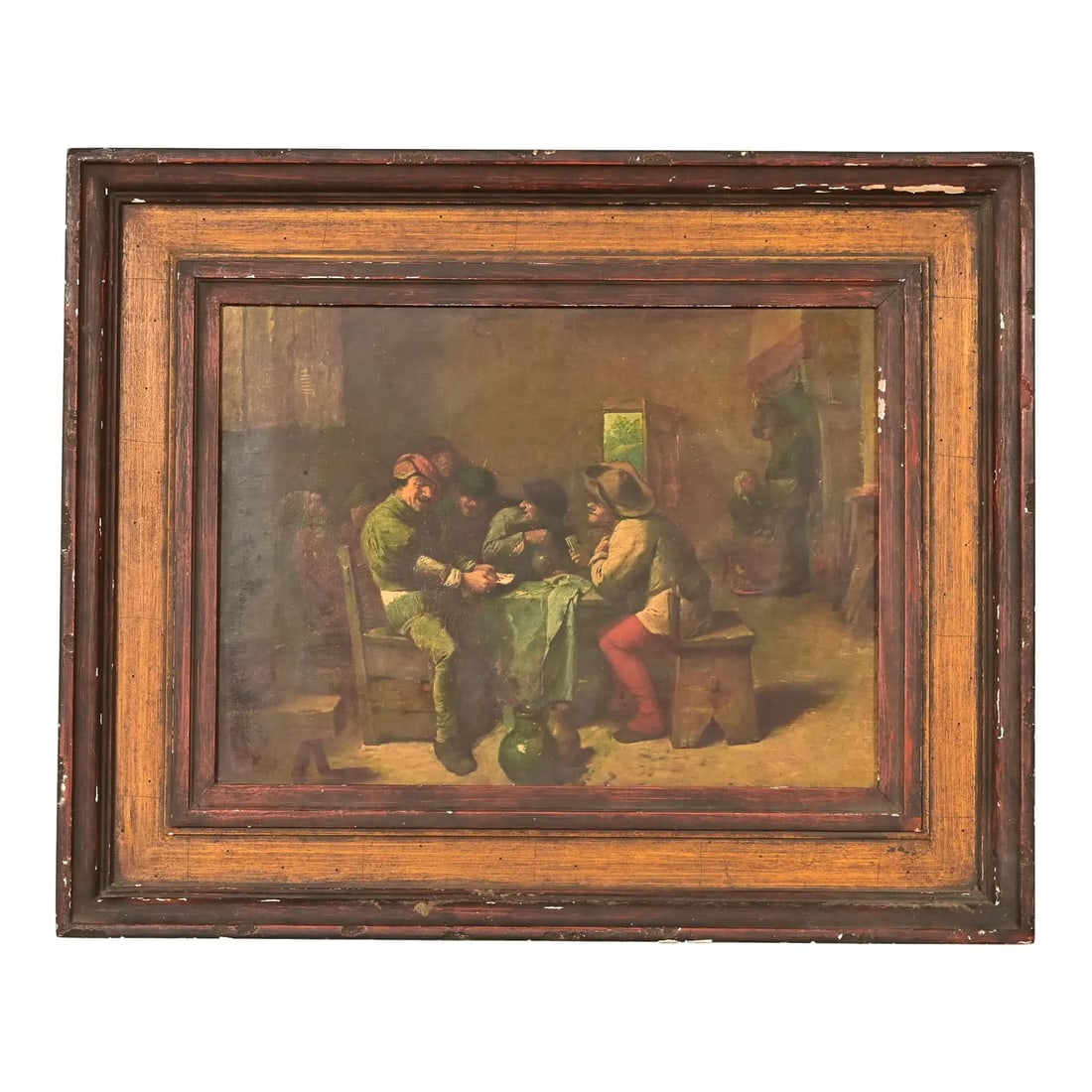 Peasants Playing Cards Reproduction Oil Painting by Adriaen Brouwer: A beautiful reproduction oil painting on canvas of peasants playing cards in carved wood frame Original painting is by Adriaen Brouwer circa 1630 Circa Early 20th Century Measures: 19.25"W x 1.25"D x 