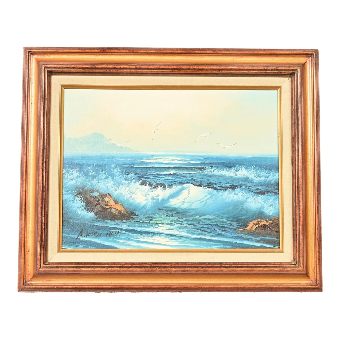 Original Signed A. Kirkham Framed Oil Painting on Canvas of Crashing Waves: A beautiful original oil painting on canvas of crashing waves in carved giltwood frame By A. Kirkham (signed lower left) USA, Circa Late 20th Century Measures: 21.5"W x 2"D x 17.5"H (in frame). Painti