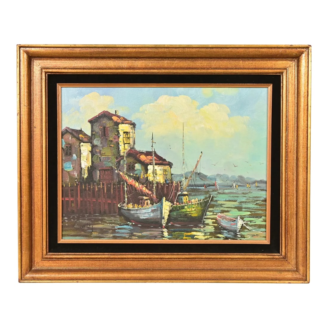 Original Artist Signed Village Harbor Oil on Canvas Painting With Carved Giltwood Frame: A beautiful framed village harbor scene original oil on canvas painting By Curthy (signed lower left) USA, Mid-20th Century Measures: 21.5"W x 2.25"D x 17.5"H (including frame). Painting is 15.5"W x 1