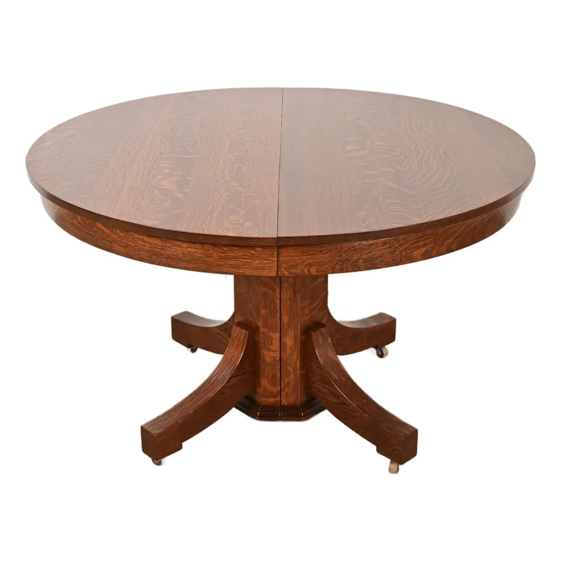 Stickley Brothers Style Antique Mission Oak Arts & Crafts Pedestal Extension Dining Table: A gorgeous antique Mission, Arts & Crafts, or Late Victorian quarter sawn oak split pedestal extension dining table In the manner of Stickley Brothers USA, Circa 1900 Measures: 48"W x 48"D x 30"H. Ext
