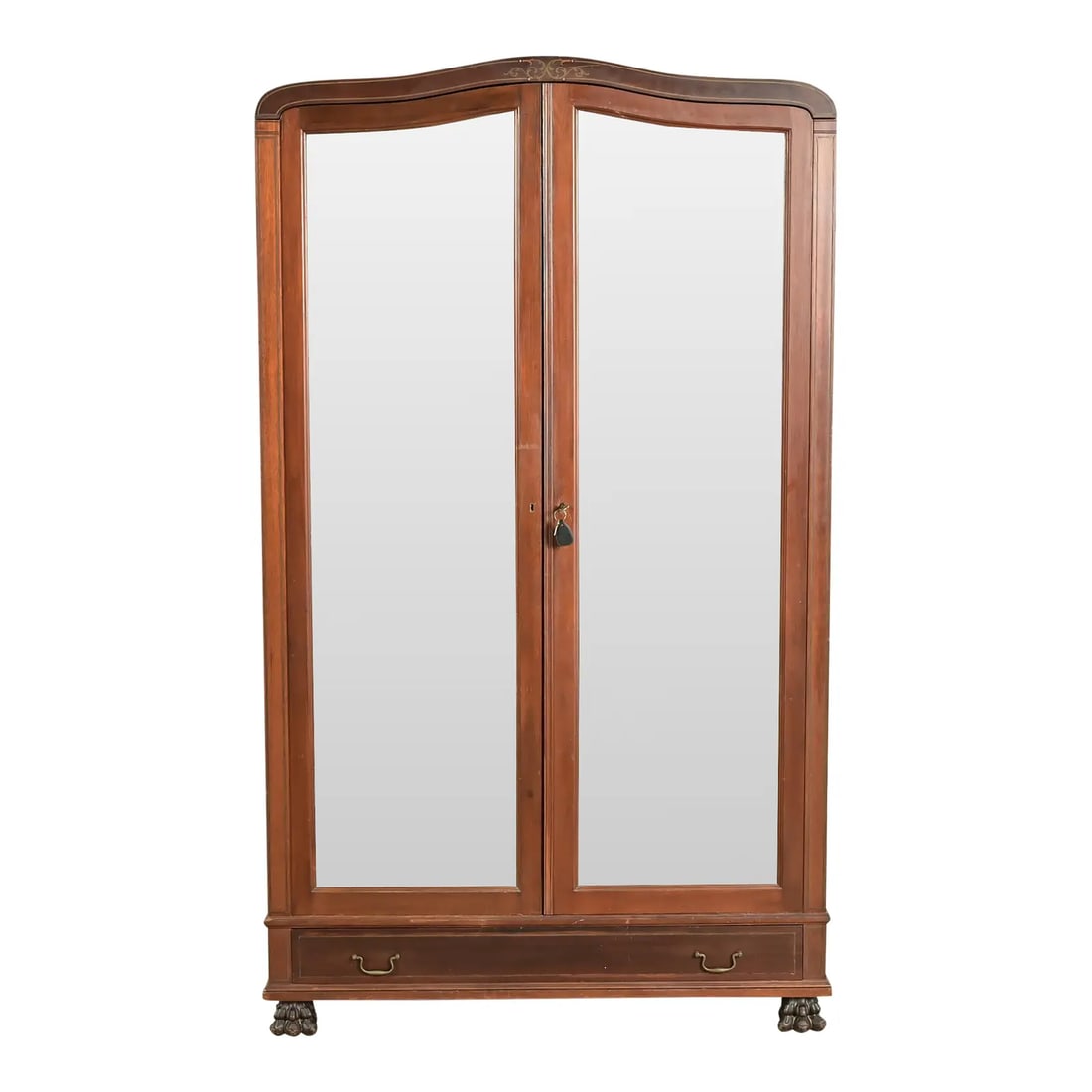 R. J. Horner Victorian Mahogany Mirror Front Armoire Dresser or Linen Press, Circa 1890s: An exceptional Georgian or Regency style armoire dresser, gentleman's chest, or linen press with sliding drawers, a hat box, and paw feet. By R.J. Horner & Co. (signed to the back) USA, Circa 1890s Ca